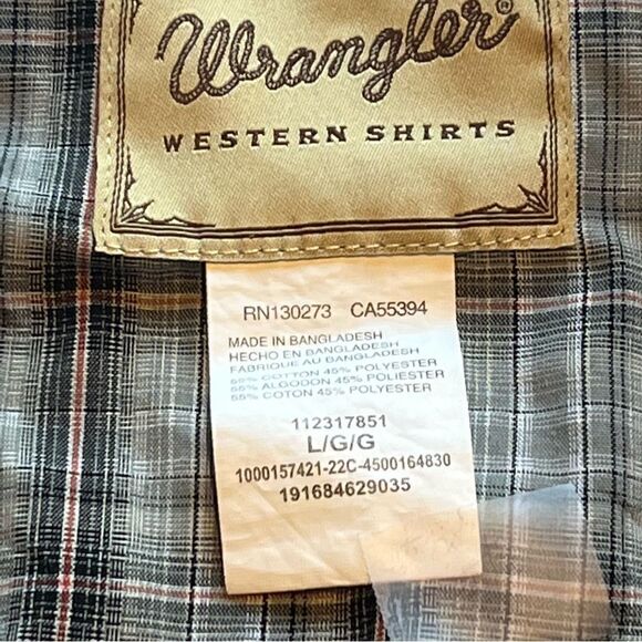 Wrangler Men's Plaid Pearl Snap Button Down Shirt Gray w/ red stripe Size Large - Picture 3 of 10